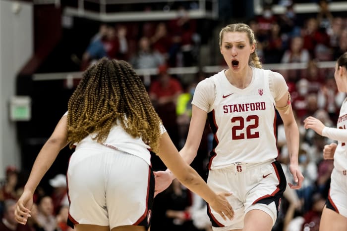 Feb 20, 2023; Stanford, California, USA; Stanford Cardinal forward Cameron Brink (22) is congratulated by guard Haley Jones (30) after scoring against the UCLA Bruins during the second half at Maples Pavilion. Mandatory Credit: John Hefti-USA TODAY Sports